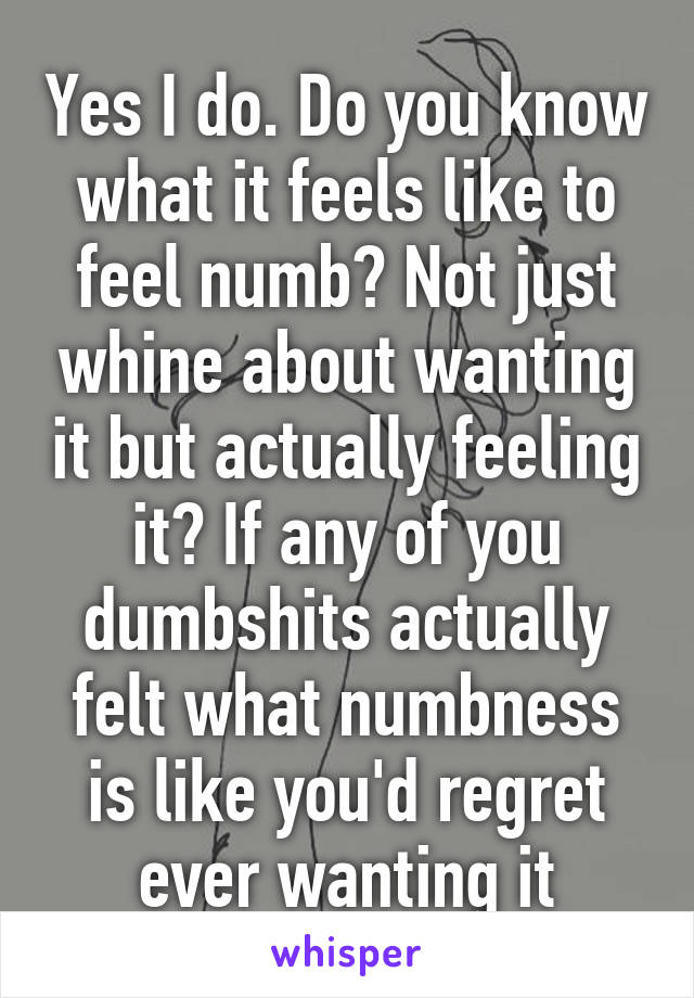 Yes I do. Do you know what it feels like to feel numb? Not just whine about wanting it but actually feeling it? If any of you dumbshits actually felt what numbness is like you'd regret ever wanting it