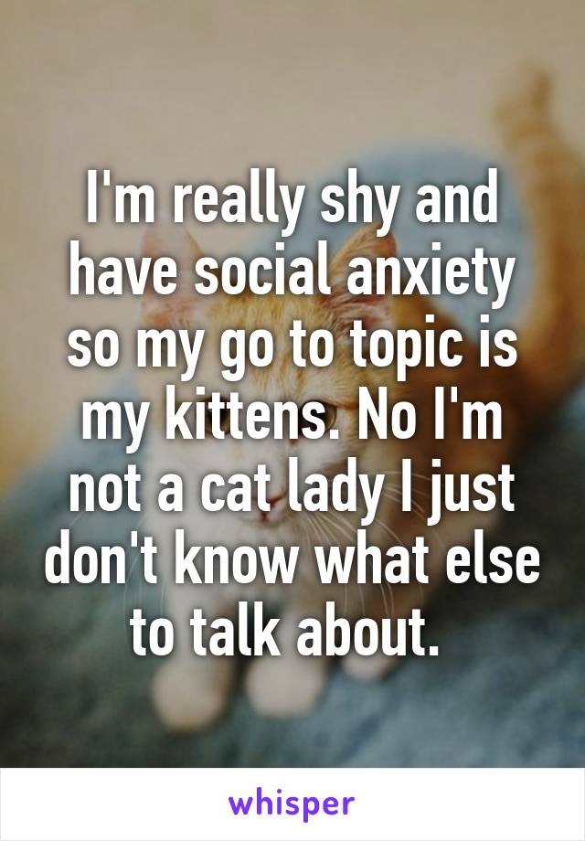 I'm really shy and have social anxiety so my go to topic is my kittens. No I'm not a cat lady I just don't know what else to talk about. 