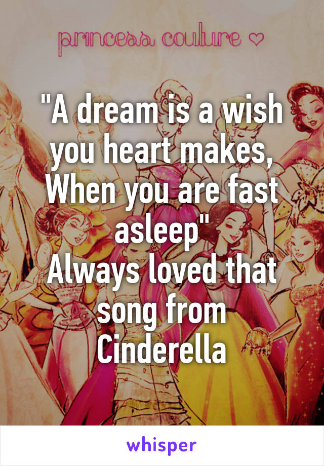 "A dream is a wish you heart makes,
When you are fast asleep"
Always loved that song from
Cinderella