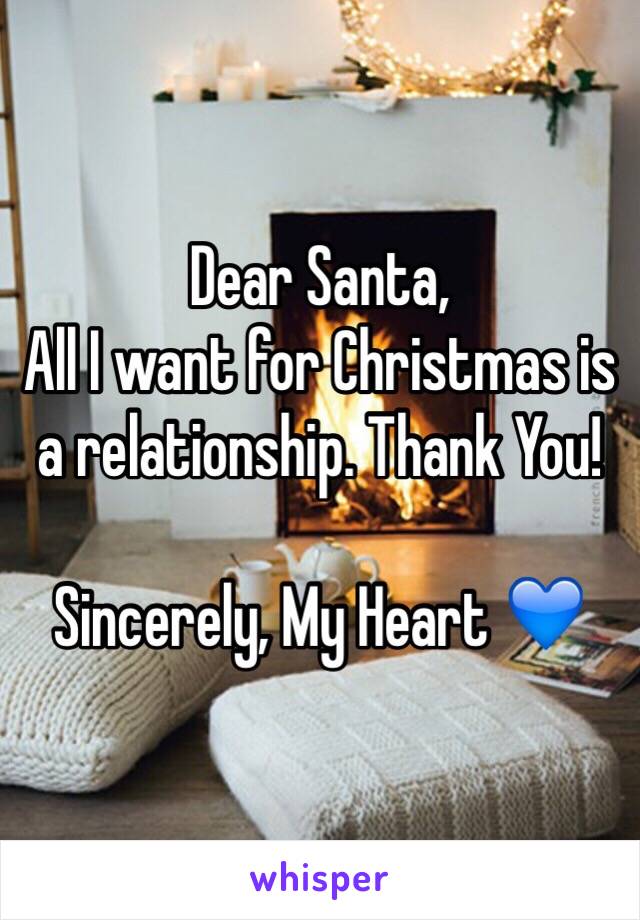 Dear Santa, 
All I want for Christmas is a relationship. Thank You!

Sincerely, My Heart 💙