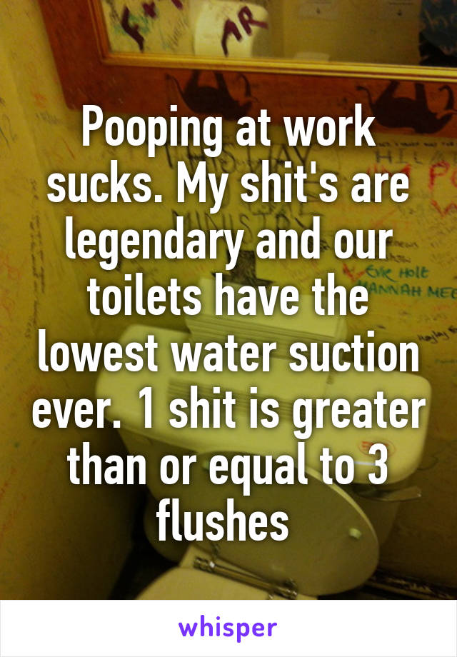 Pooping at work sucks. My shit's are legendary and our toilets have the lowest water suction ever. 1 shit is greater than or equal to 3 flushes 