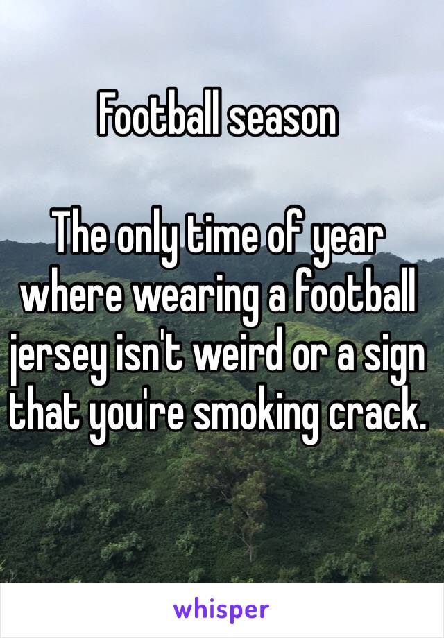 Football season

The only time of year where wearing a football jersey isn't weird or a sign that you're smoking crack. 