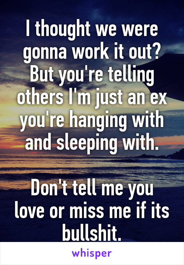 I thought we were gonna work it out? But you're telling others I'm just an ex you're hanging with and sleeping with.

Don't tell me you love or miss me if its bullshit.