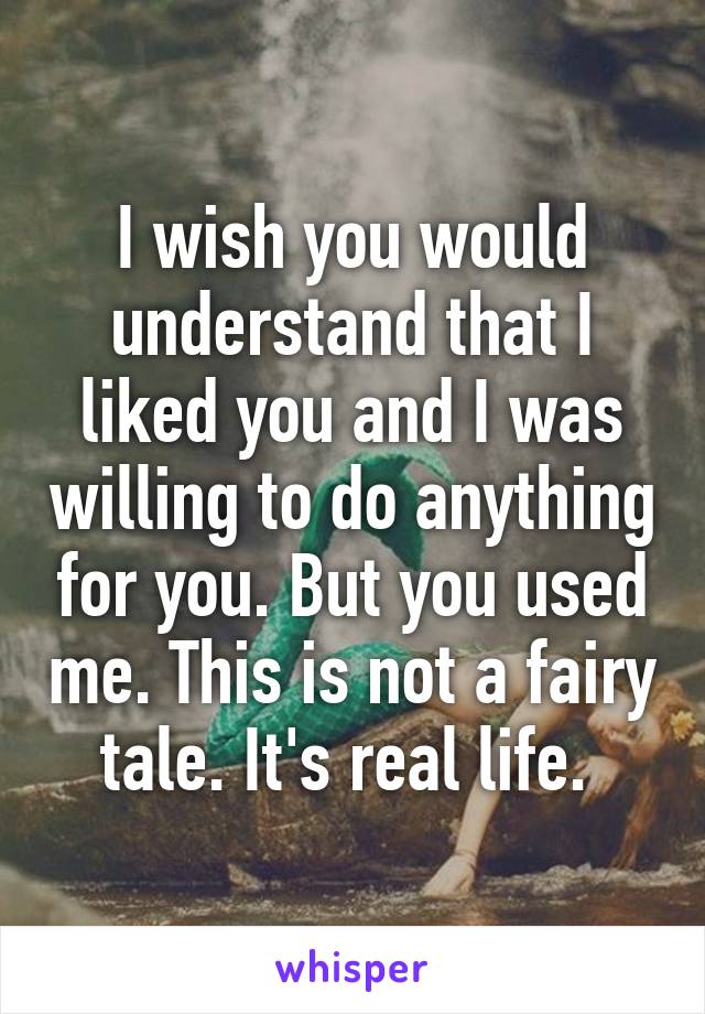 I wish you would understand that I liked you and I was willing to do anything for you. But you used me. This is not a fairy tale. It's real life. 