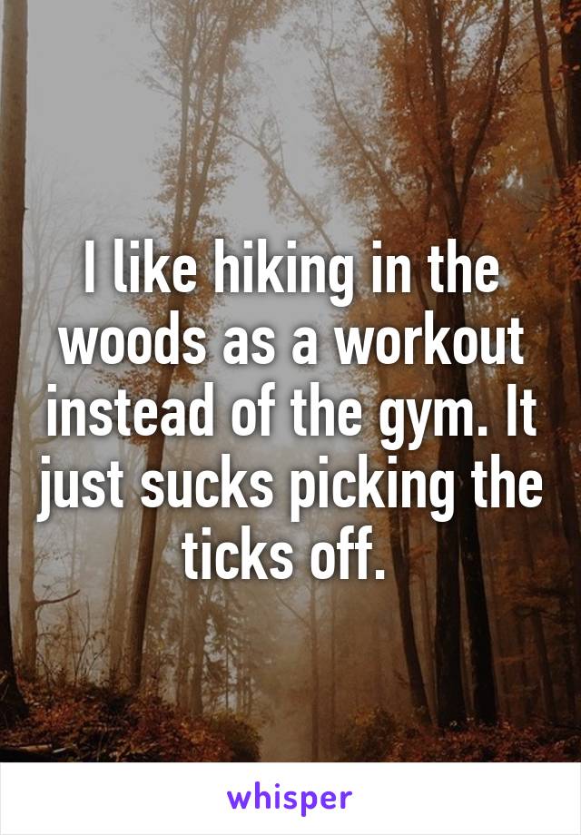 I like hiking in the woods as a workout instead of the gym. It just sucks picking the ticks off. 