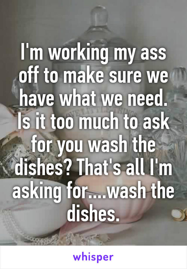 I'm working my ass off to make sure we have what we need. Is it too much to ask for you wash the dishes? That's all I'm asking for....wash the dishes.