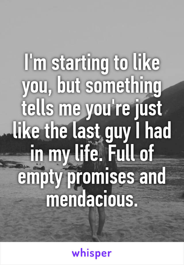 I'm starting to like you, but something tells me you're just like the last guy I had in my life. Full of empty promises and mendacious.