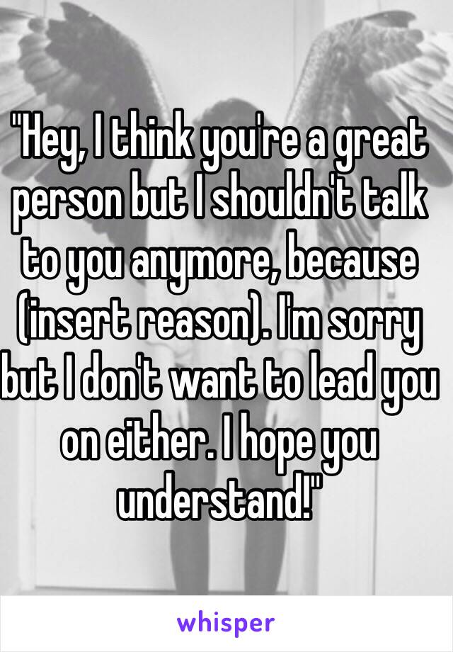 "Hey, I think you're a great person but I shouldn't talk to you anymore, because (insert reason). I'm sorry but I don't want to lead you on either. I hope you understand!"