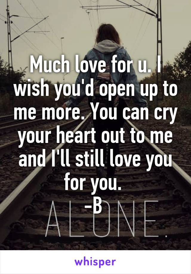 Much love for u. I wish you'd open up to me more. You can cry your heart out to me and I'll still love you for you. 
-B 