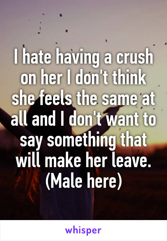 I hate having a crush on her I don't think she feels the same at all and I don't want to say something that will make her leave.
(Male here)