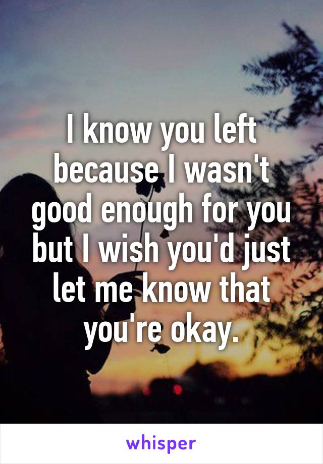I know you left because I wasn't good enough for you but I wish you'd just let me know that you're okay.