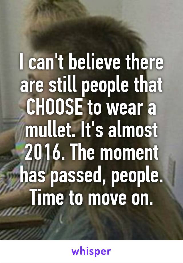 I can't believe there are still people that CHOOSE to wear a mullet. It's almost 2016. The moment has passed, people. Time to move on.