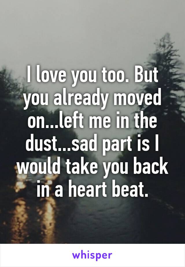 I love you too. But you already moved on...left me in the dust...sad part is I would take you back in a heart beat.