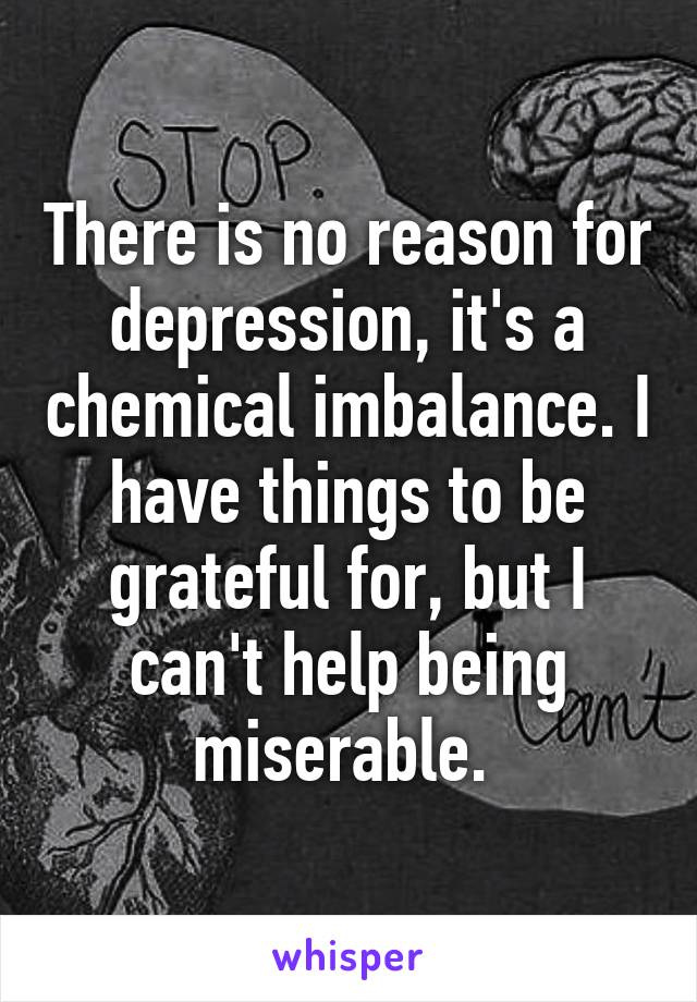 There is no reason for depression, it's a chemical imbalance. I have things to be grateful for, but I can't help being miserable. 