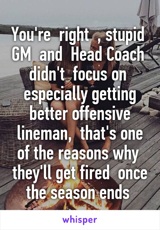 You're  right  , stupid  GM  and  Head Coach  didn't  focus on  especially getting better offensive lineman,  that's one of the reasons why  they'll get fired  once the season ends 