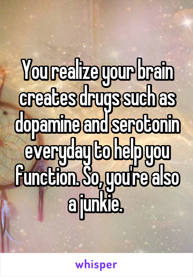 You realize your brain creates drugs such as dopamine and serotonin everyday to help you function. So, you're also a junkie. 