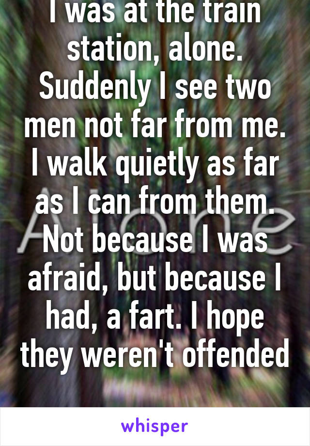 I was at the train station, alone. Suddenly I see two men not far from me. I walk quietly as far as I can from them. Not because I was afraid, but because I had, a fart. I hope they weren't offended 
