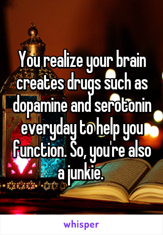 You realize your brain creates drugs such as dopamine and serotonin everyday to help you function. So, you're also a junkie. 