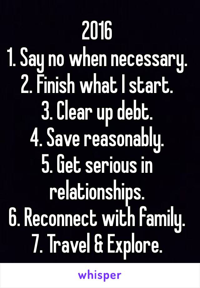 2016
1. Say no when necessary.
2. Finish what I start.
3. Clear up debt.
4. Save reasonably. 
5. Get serious in relationships.
6. Reconnect with family.
7. Travel & Explore. 