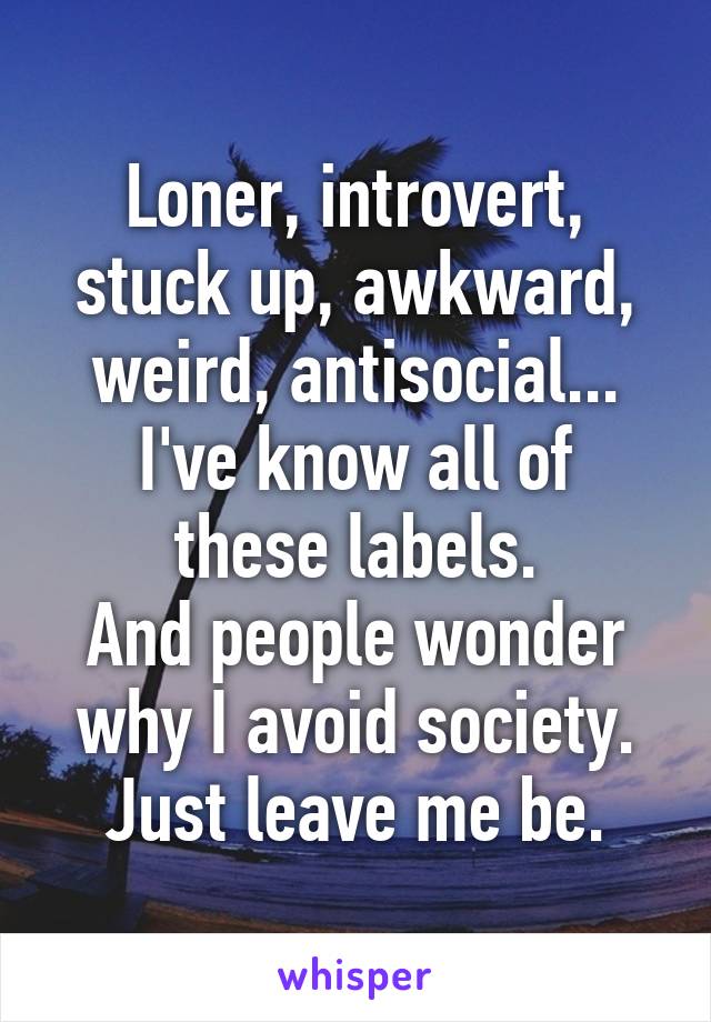 Loner, introvert, stuck up, awkward, weird, antisocial...
I've know all of these labels.
And people wonder why I avoid society.
Just leave me be.