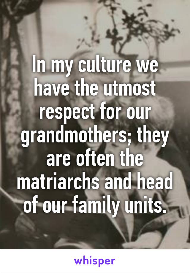 In my culture we have the utmost respect for our grandmothers; they are often the matriarchs and head of our family units.