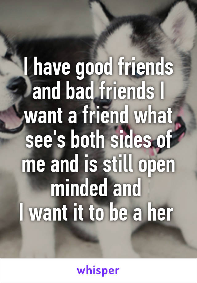 I have good friends and bad friends I want a friend what see's both sides of me and is still open minded and 
I want it to be a her 