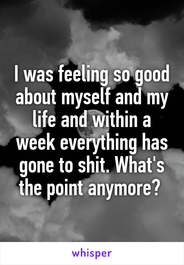 I was feeling so good about myself and my life and within a week everything has gone to shit. What's the point anymore? 