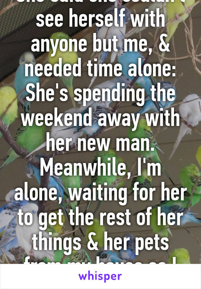 She said she couldn't see herself with anyone but me, & needed time alone: She's spending the weekend away with her new man. Meanwhile, I'm alone, waiting for her to get the rest of her things & her pets from my house so I can move on.