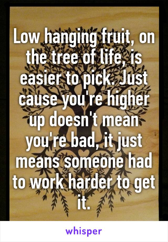 Low hanging fruit, on the tree of life, is easier to pick. Just cause you're higher up doesn't mean you're bad, it just means someone had to work harder to get it.