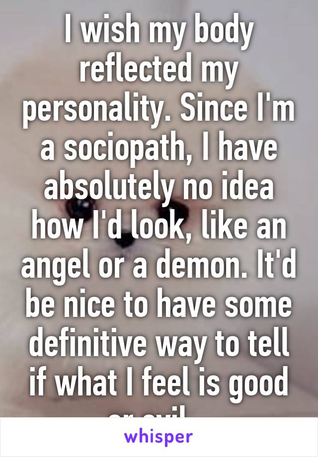 I wish my body reflected my personality. Since I'm a sociopath, I have absolutely no idea how I'd look, like an angel or a demon. It'd be nice to have some definitive way to tell if what I feel is good or evil...