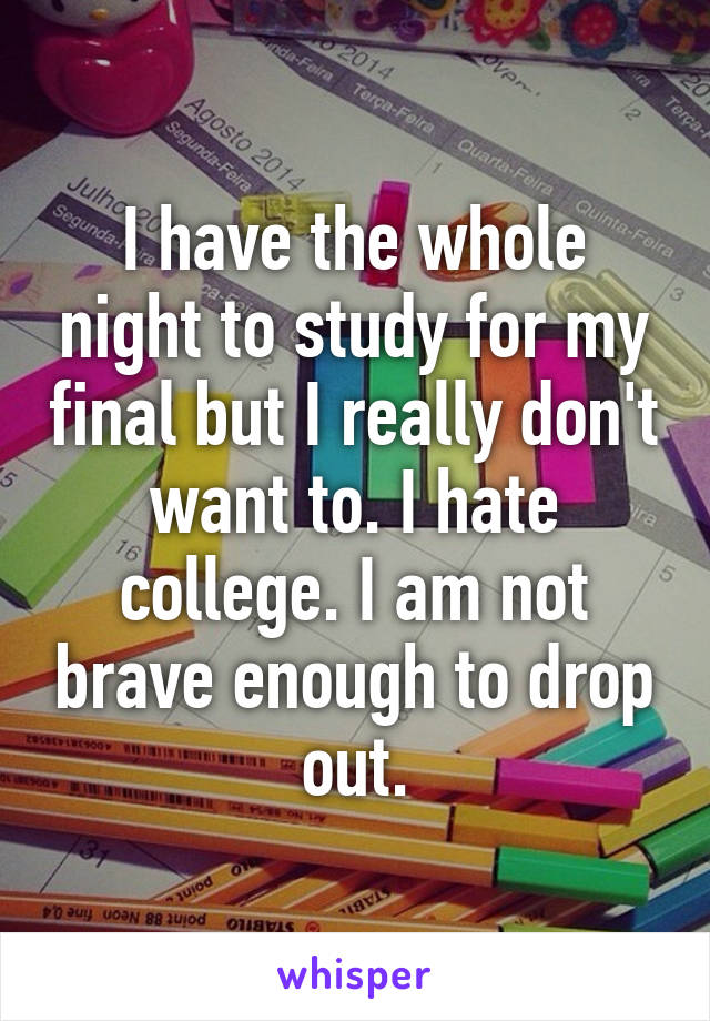 I have the whole night to study for my final but I really don't want to. I hate college. I am not brave enough to drop out.