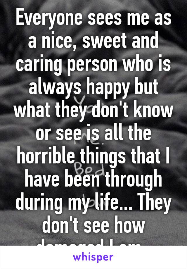 Everyone sees me as a nice, sweet and caring person who is always happy but what they don't know or see is all the horrible things that I have been through during my life... They don't see how damaged I am. 