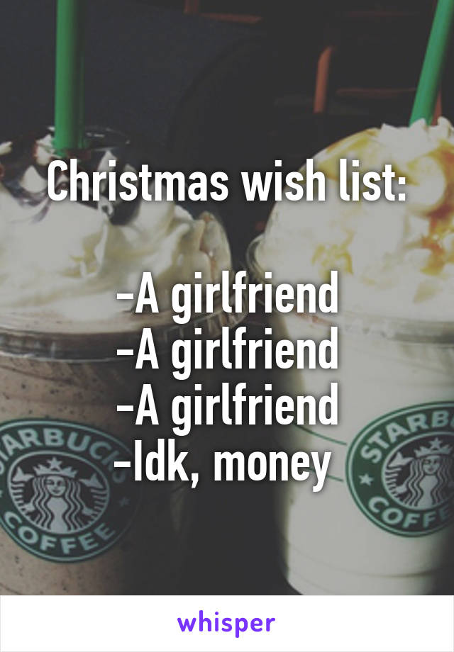 Christmas wish list:

-A girlfriend
-A girlfriend
-A girlfriend
-Idk, money 