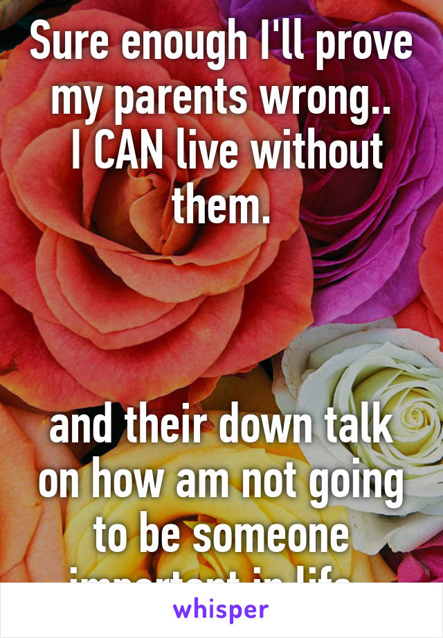 Sure enough I'll prove my parents wrong..
 I CAN live without them.



and their down talk on how am not going to be someone important in life..