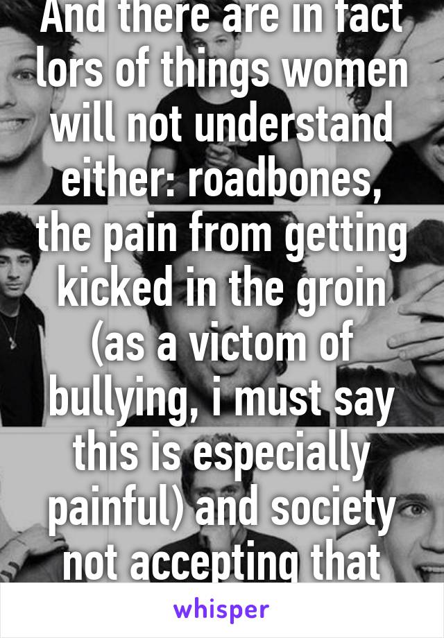 And there are in fact lors of things women will not understand either: roadbones, the pain from getting kicked in the groin (as a victom of bullying, i must say this is especially painful) and society not accepting that guys too can cry