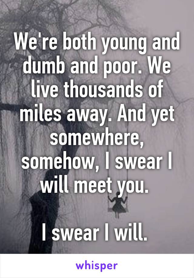 We're both young and dumb and poor. We live thousands of miles away. And yet somewhere, somehow, I swear I will meet you. 

I swear I will. 