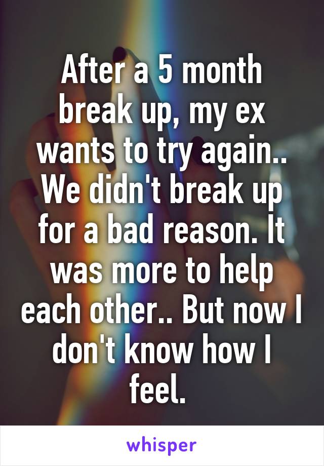 After a 5 month break up, my ex wants to try again.. We didn't break up for a bad reason. It was more to help each other.. But now I don't know how I feel. 