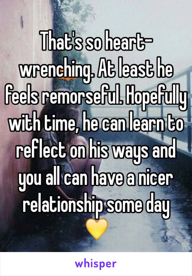 That's so heart-wrenching. At least he feels remorseful. Hopefully with time, he can learn to reflect on his ways and you all can have a nicer relationship some day 
💛