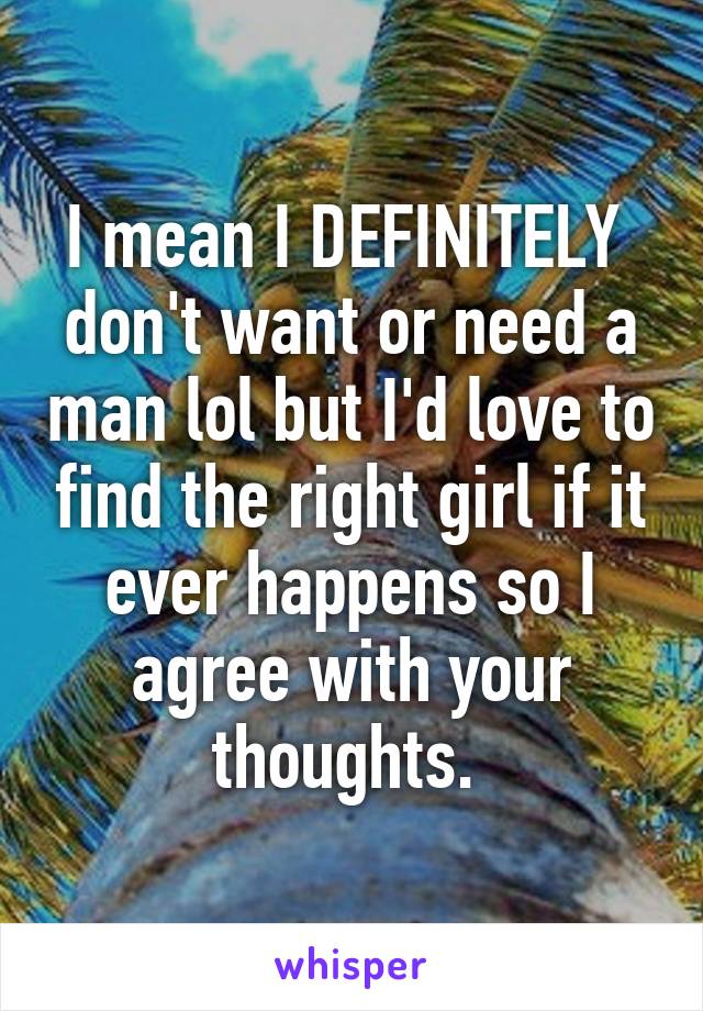 I mean I DEFINITELY  don't want or need a man lol but I'd love to find the right girl if it ever happens so I agree with your thoughts. 