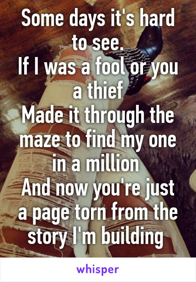 Some days it's hard to see.
If I was a fool or you a thief
Made it through the maze to find my one in a million 
And now you're just a page torn from the story I'm building 
