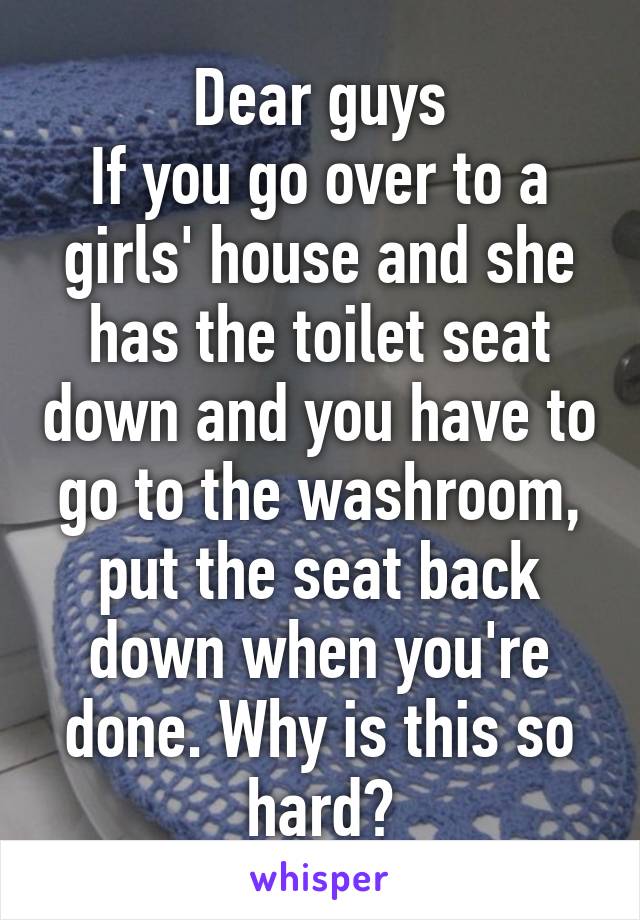 Dear guys
If you go over to a girls' house and she has the toilet seat down and you have to go to the washroom, put the seat back down when you're done. Why is this so hard?