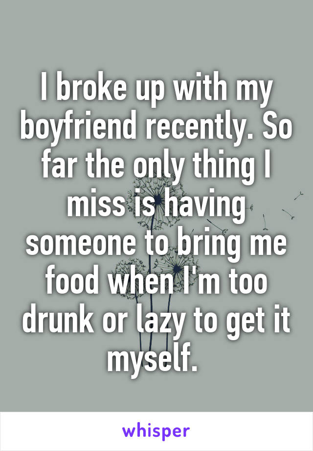 I broke up with my boyfriend recently. So far the only thing I miss is having someone to bring me food when I'm too drunk or lazy to get it myself. 