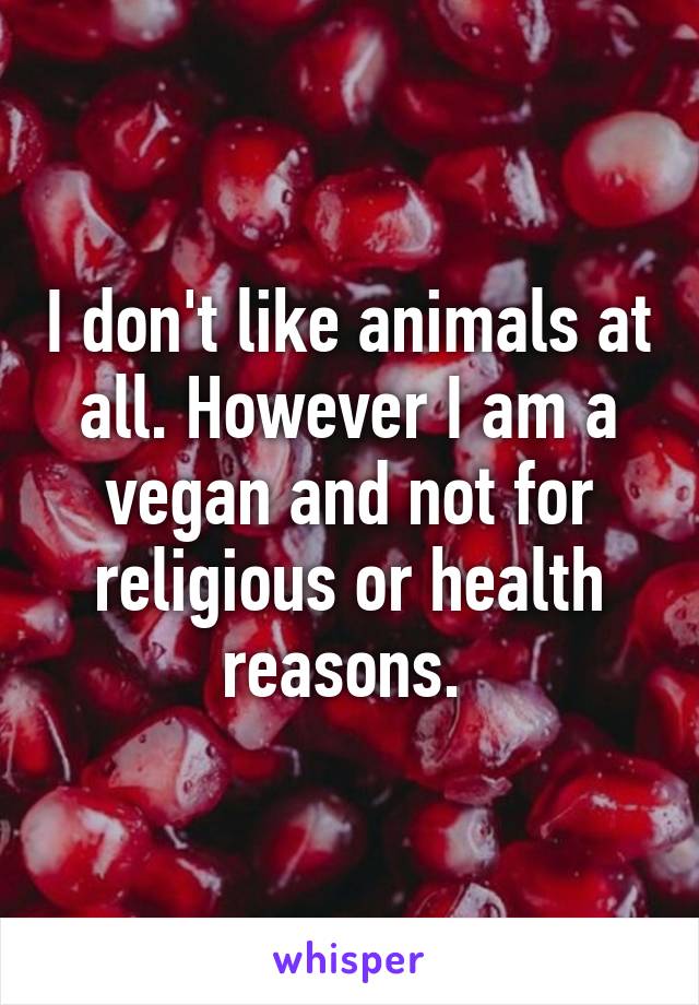 I don't like animals at all. However I am a vegan and not for religious or health reasons. 