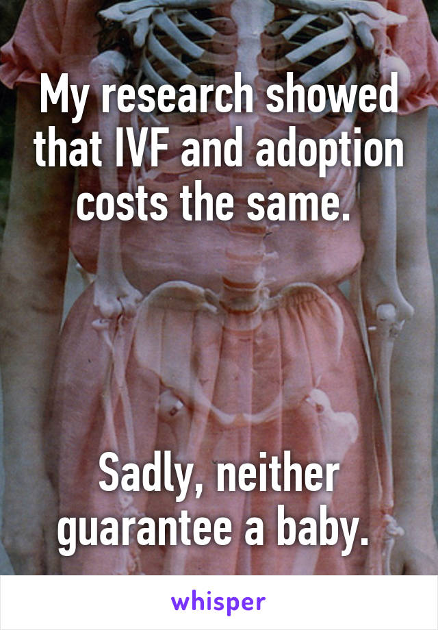 My research showed that IVF and adoption costs the same. 




Sadly, neither guarantee a baby. 