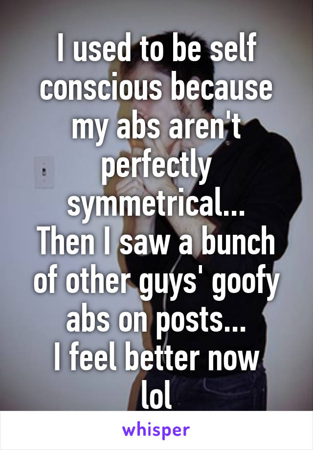 I used to be self conscious because my abs aren't perfectly symmetrical...
Then I saw a bunch of other guys' goofy abs on posts...
I feel better now
lol