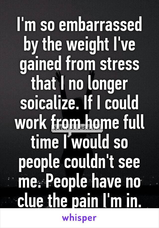 I'm so embarrassed by the weight I've gained from stress that I no longer soicalize. If I could work from home full time I would so people couldn't see me. People have no clue the pain I'm in.