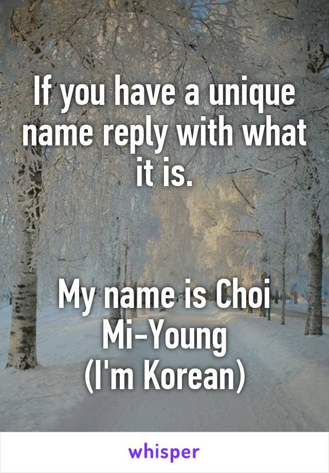 If you have a unique name reply with what it is.


My name is Choi Mi-Young
(I'm Korean)