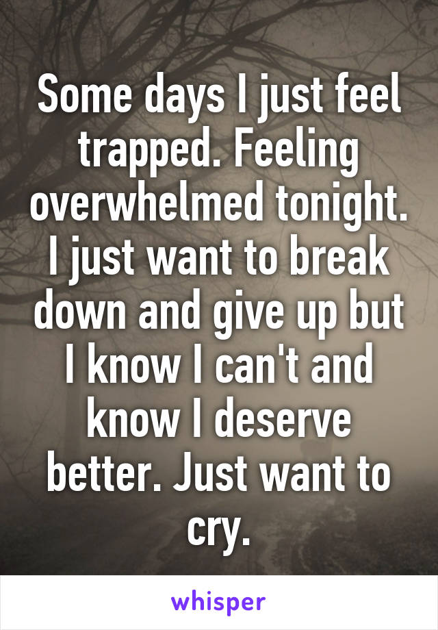 Some days I just feel trapped. Feeling overwhelmed tonight. I just want to break down and give up but I know I can't and know I deserve better. Just want to cry.