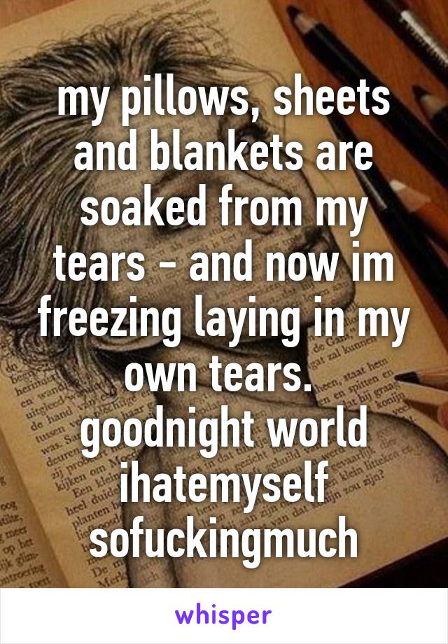 my pillows, sheets and blankets are soaked from my tears - and now im freezing laying in my own tears. 
goodnight world
ihatemyself
sofuckingmuch