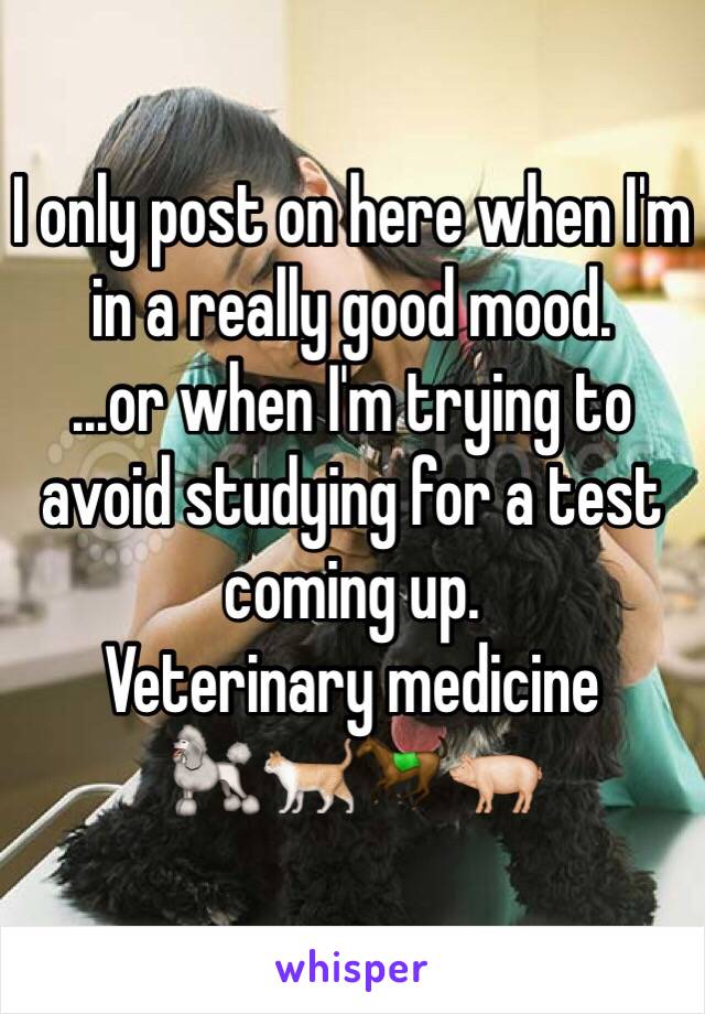 I only post on here when I'm in a really good mood.
...or when I'm trying to avoid studying for a test coming up.
Veterinary medicine 
🐩🐈🐎🐖